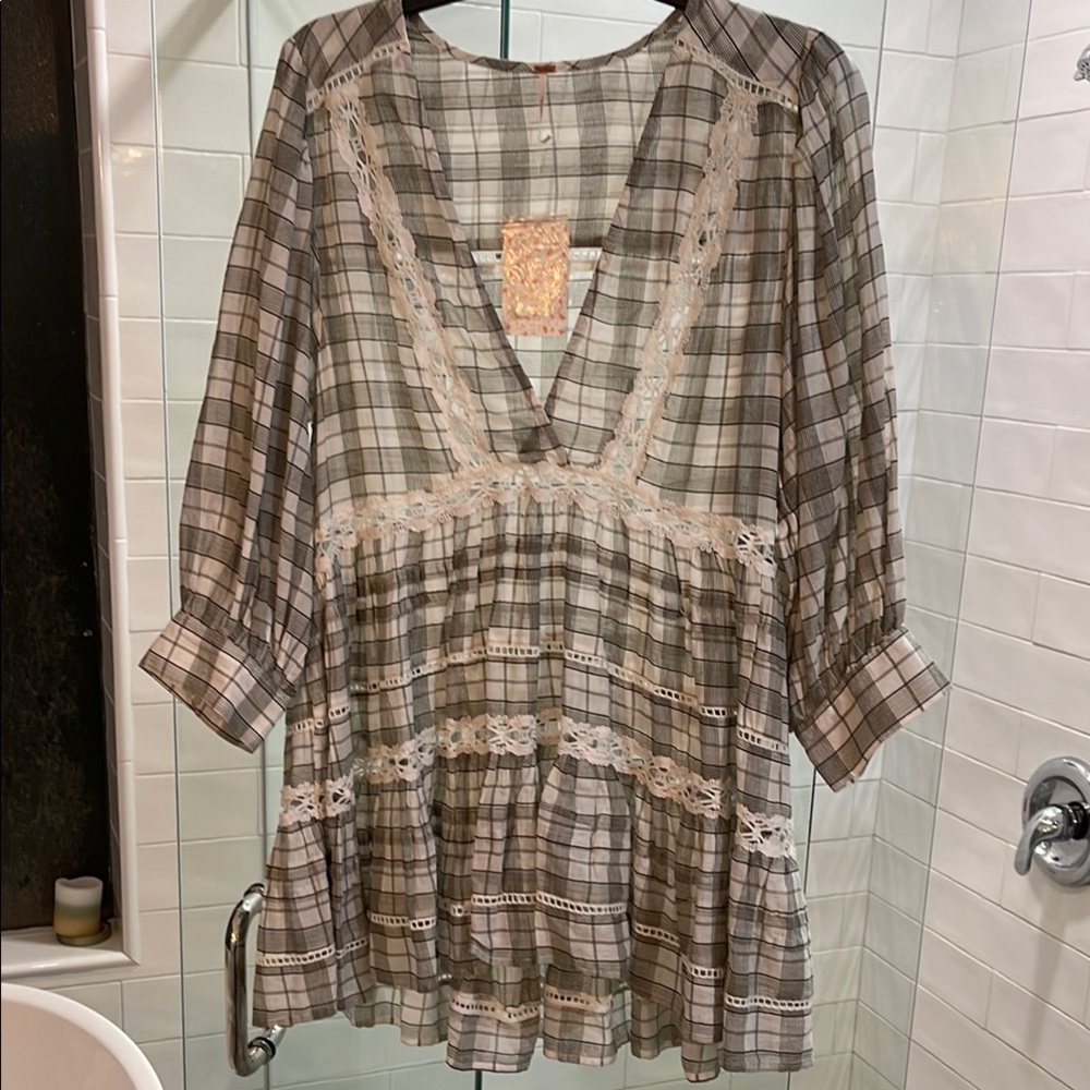 Free People Plaid V-Neck shirt with Lace Accents